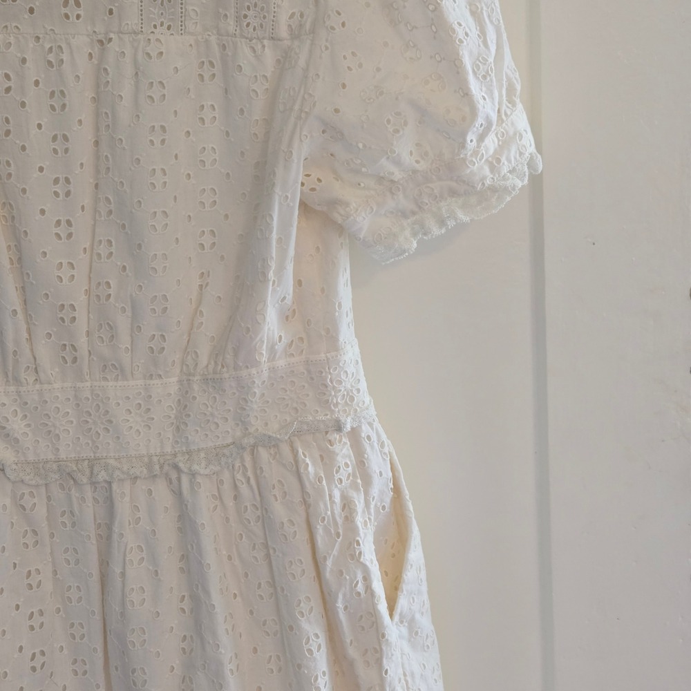 J.Crew White Eyelet Lace Cotton Mini Dress Short Puff Sleeve Button Front Size 4 - Picture 15 of 16